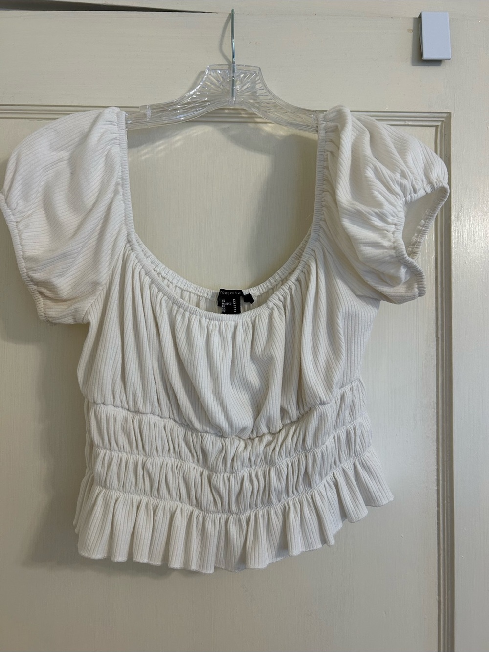 Forever 21 White Puff-Sleeve Smocked Ribbed Crop Top